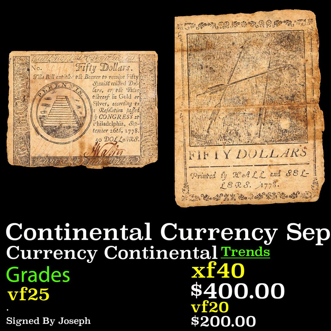 Continental Currency September 26th, 1778 $50 Fr-CC85 Printed BY Hall And Sellers Grades vf+ (1 of 3)
