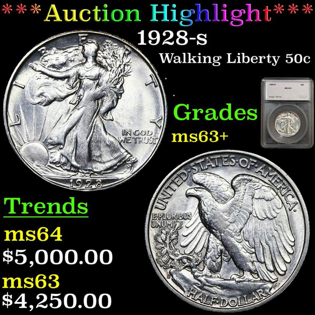 ***Auction Highlight*** 1928-s Walking Liberty Half Dollar 50c Graded ms63+ By SEGS (fc) (1 of 5)
