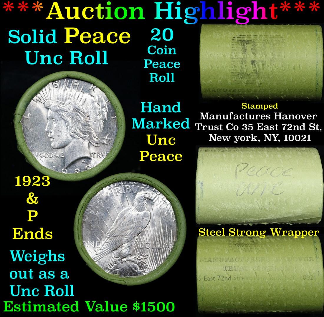 ***Auction Highlight*** Solid Uncirculated Peace silver dollar roll 1923 & P Ends, 20 coins (fc) (1 of 6)