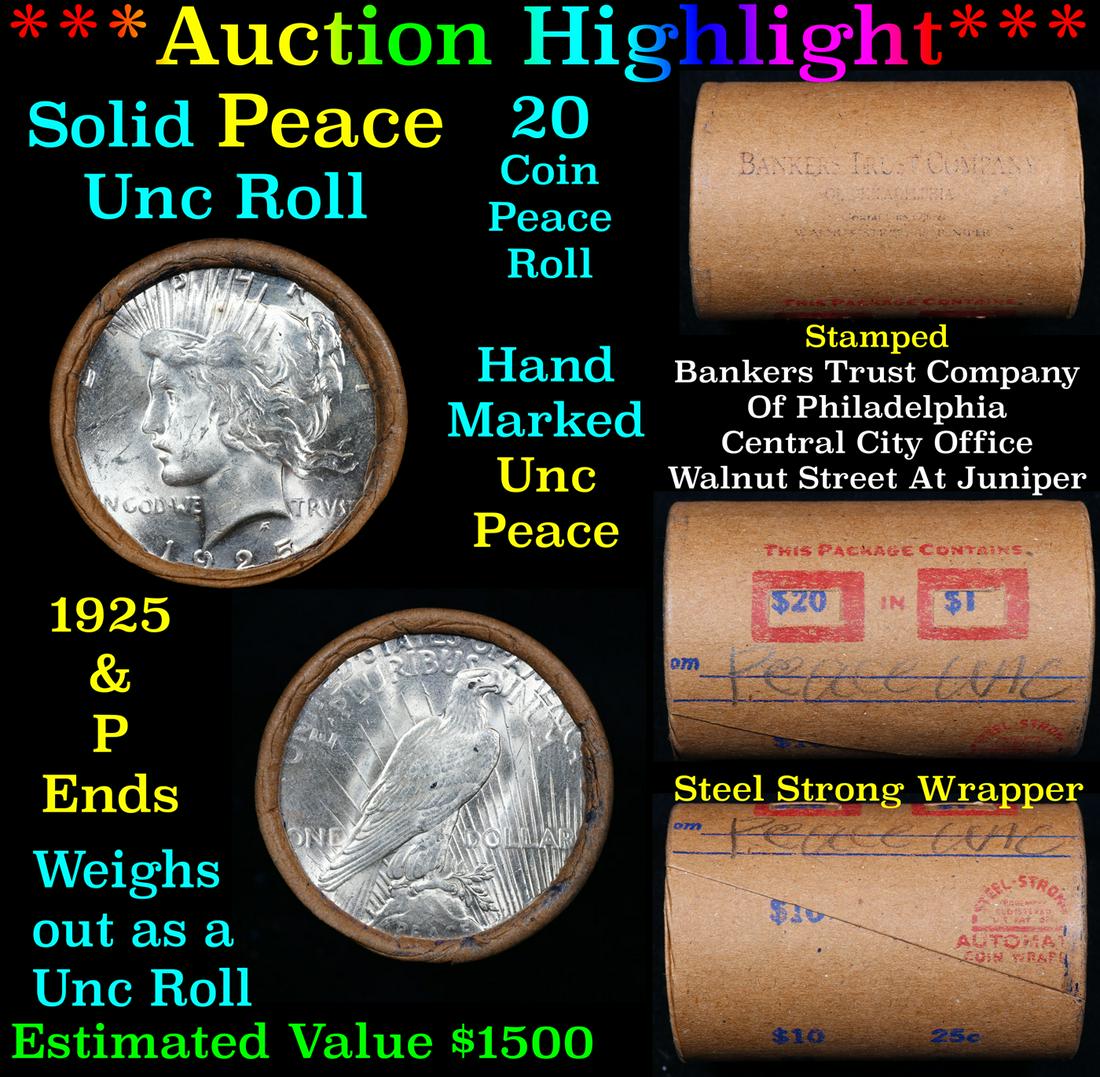 ***Auction Highlight*** Solid Uncirculated Peace silver dollar roll 1925 & P Ends, 20 coins (fc) (1 of 6)