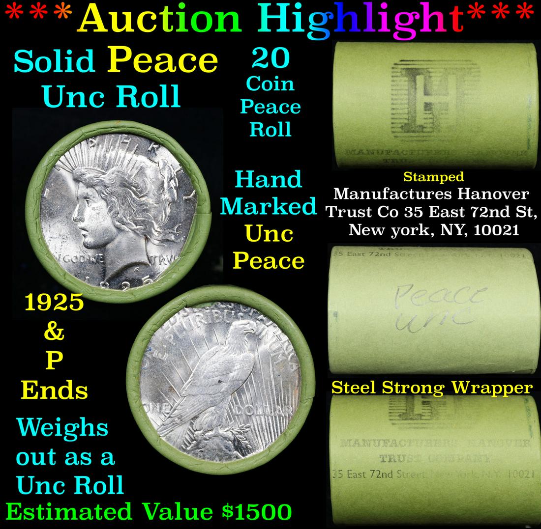 ***Auction Highlight*** Solid Uncirculated Peace silver dollar roll 1925 & P Ends, 20 coins (fc) (1 of 6)