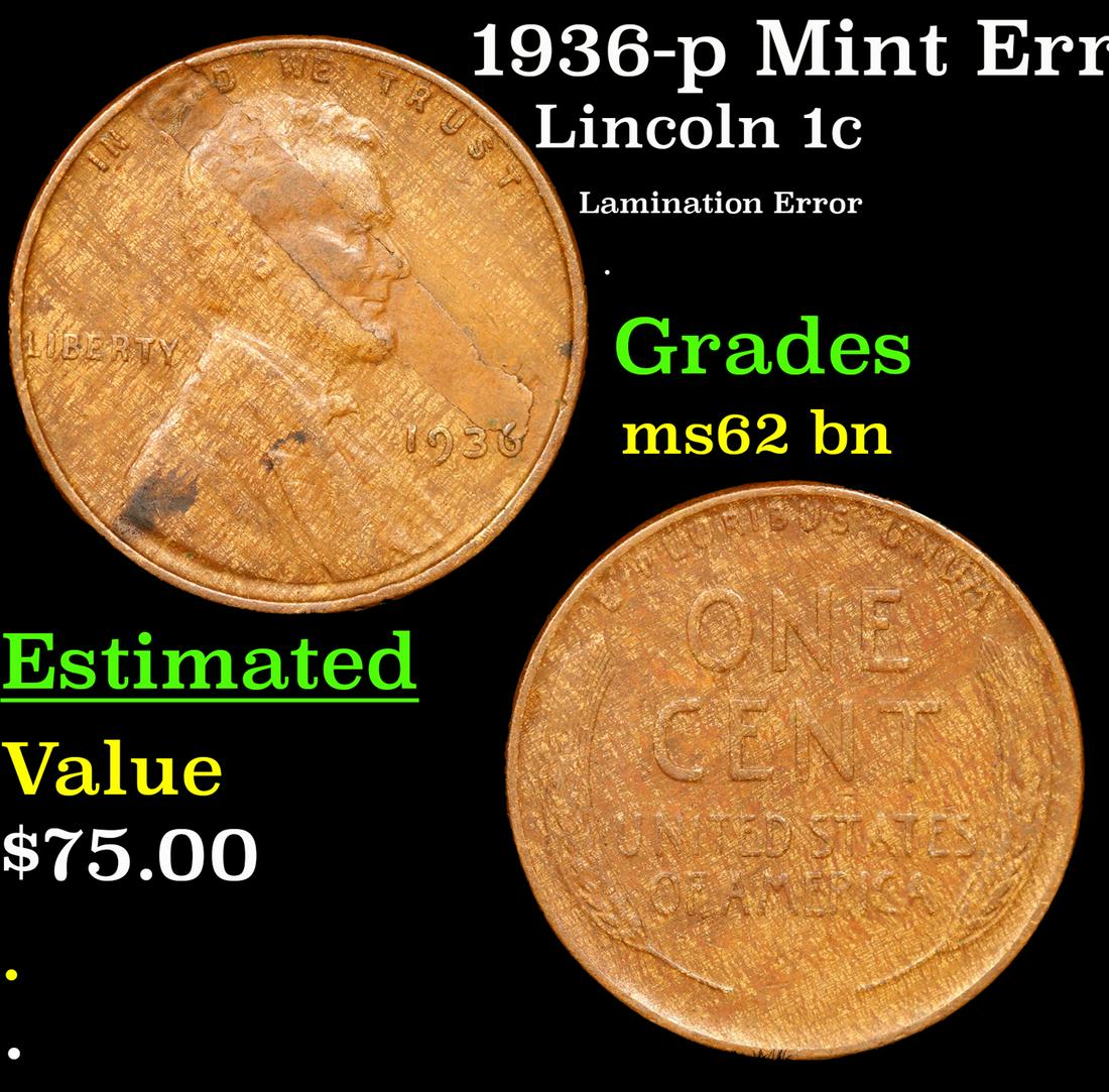1936-p Lincoln Cent Mint Error 1c Grades Select Unc BN (1 of 3)