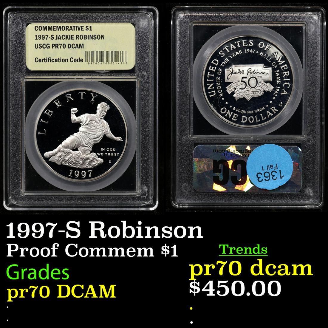Proof 1997-S Robinson Modern Commem Dollar $1 Graded GEM++ Proof Deep Cameo By USCG (1 of 3)