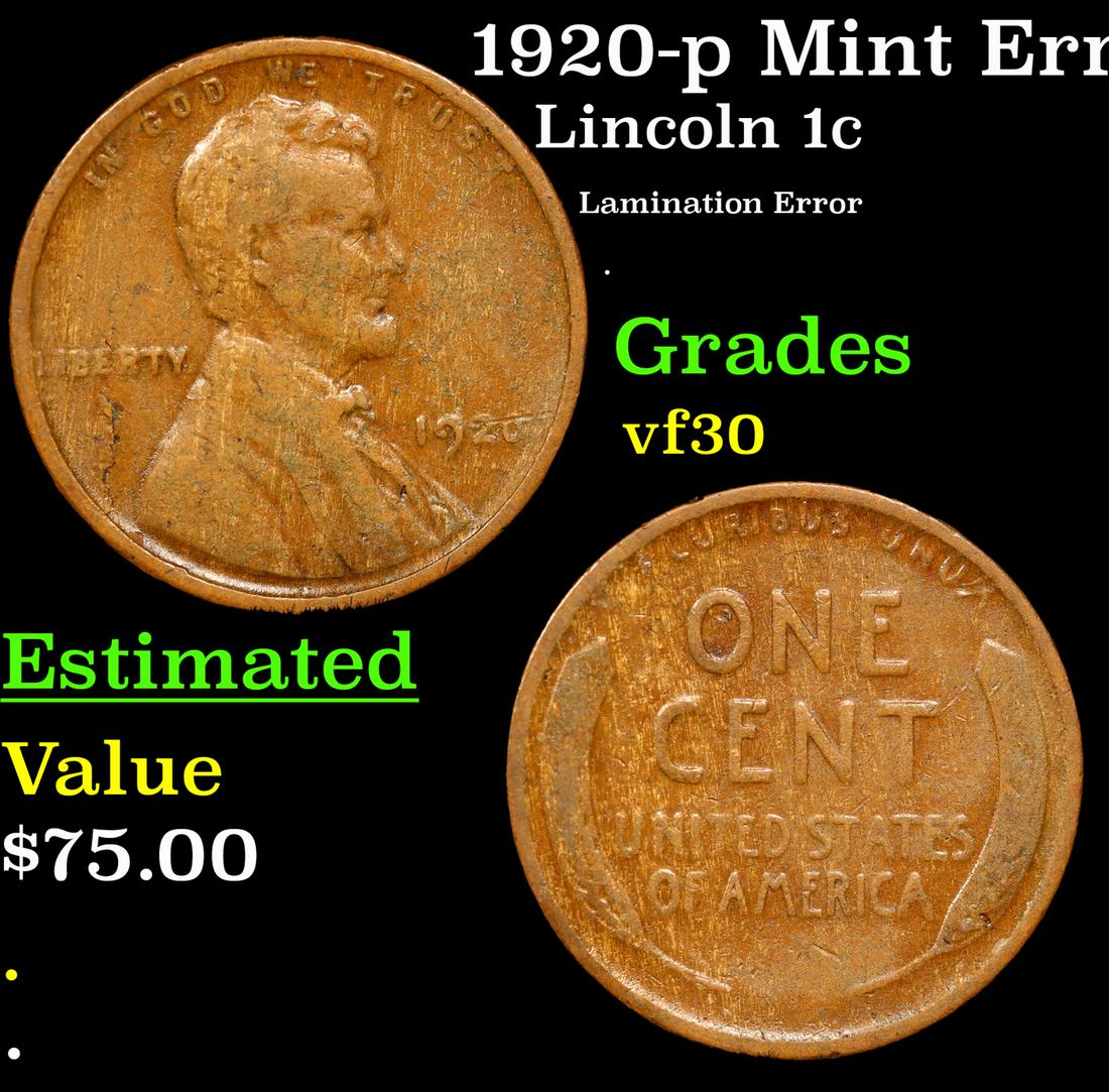1920-p Lincoln Cent Mint Error 1c Grades vf++ (1 of 3)