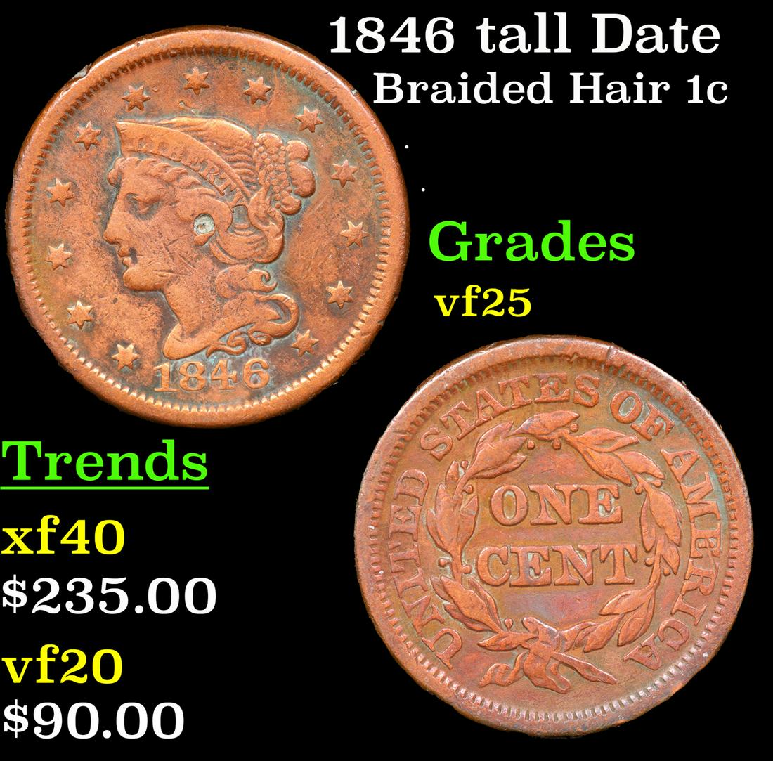 1846 tall Date Braided Hair Large Cent 1c Grades vf+ (1 of 3)