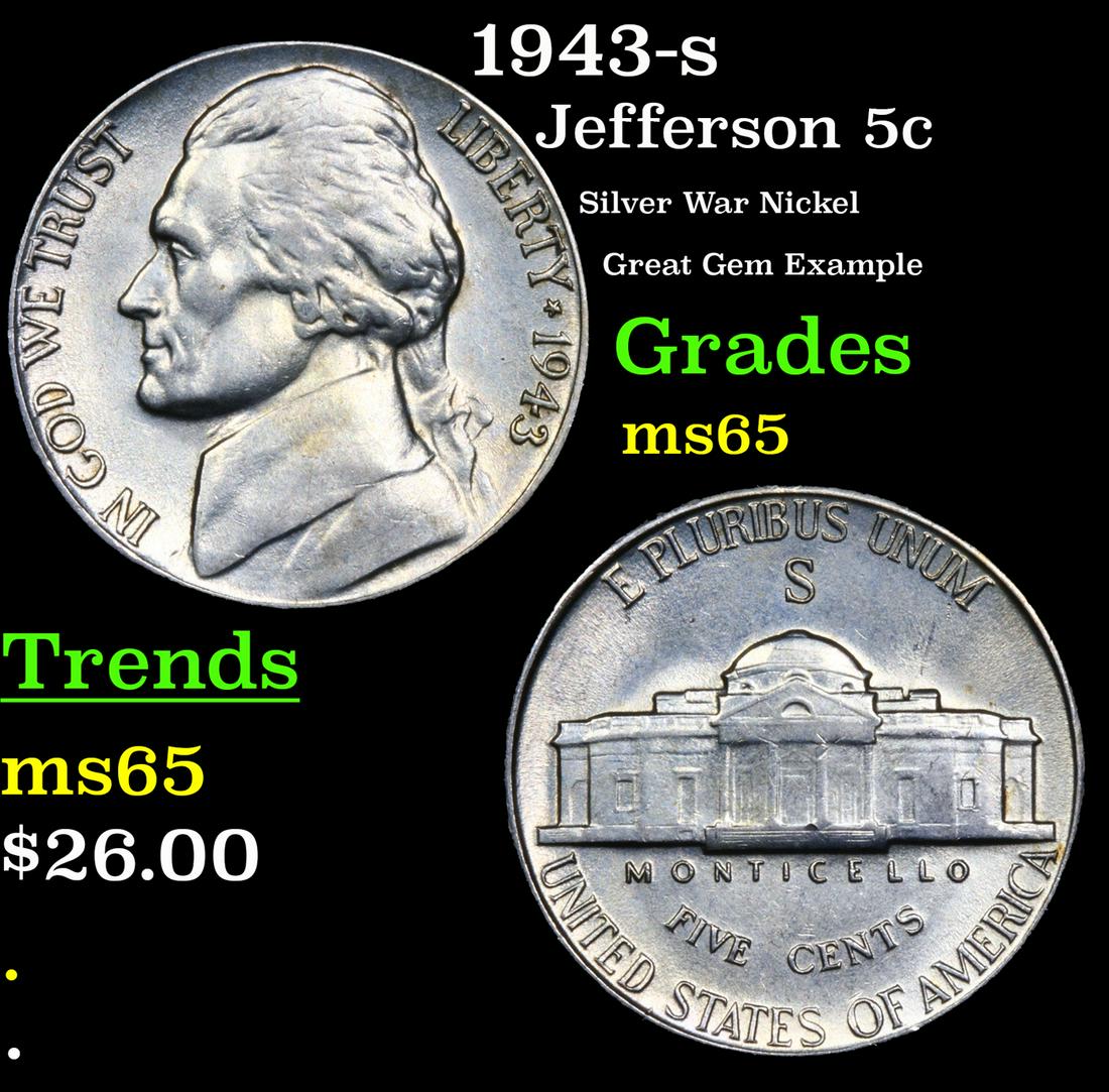 1943-s Jefferson Nickel 5c Grades GEM Unc (1 of 3)