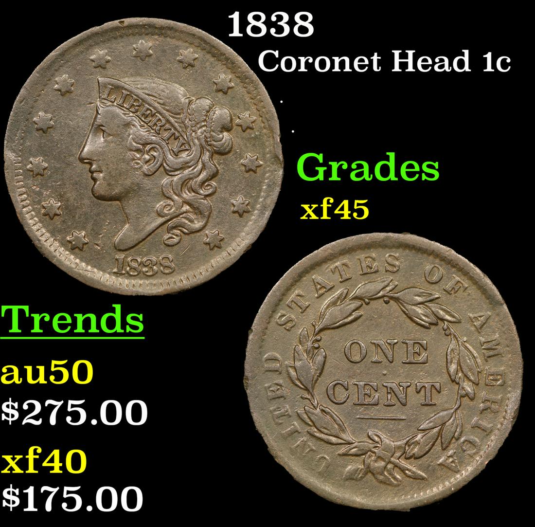 1838 Coronet Head Large Cent 1c Grades xf+ (1 of 3)