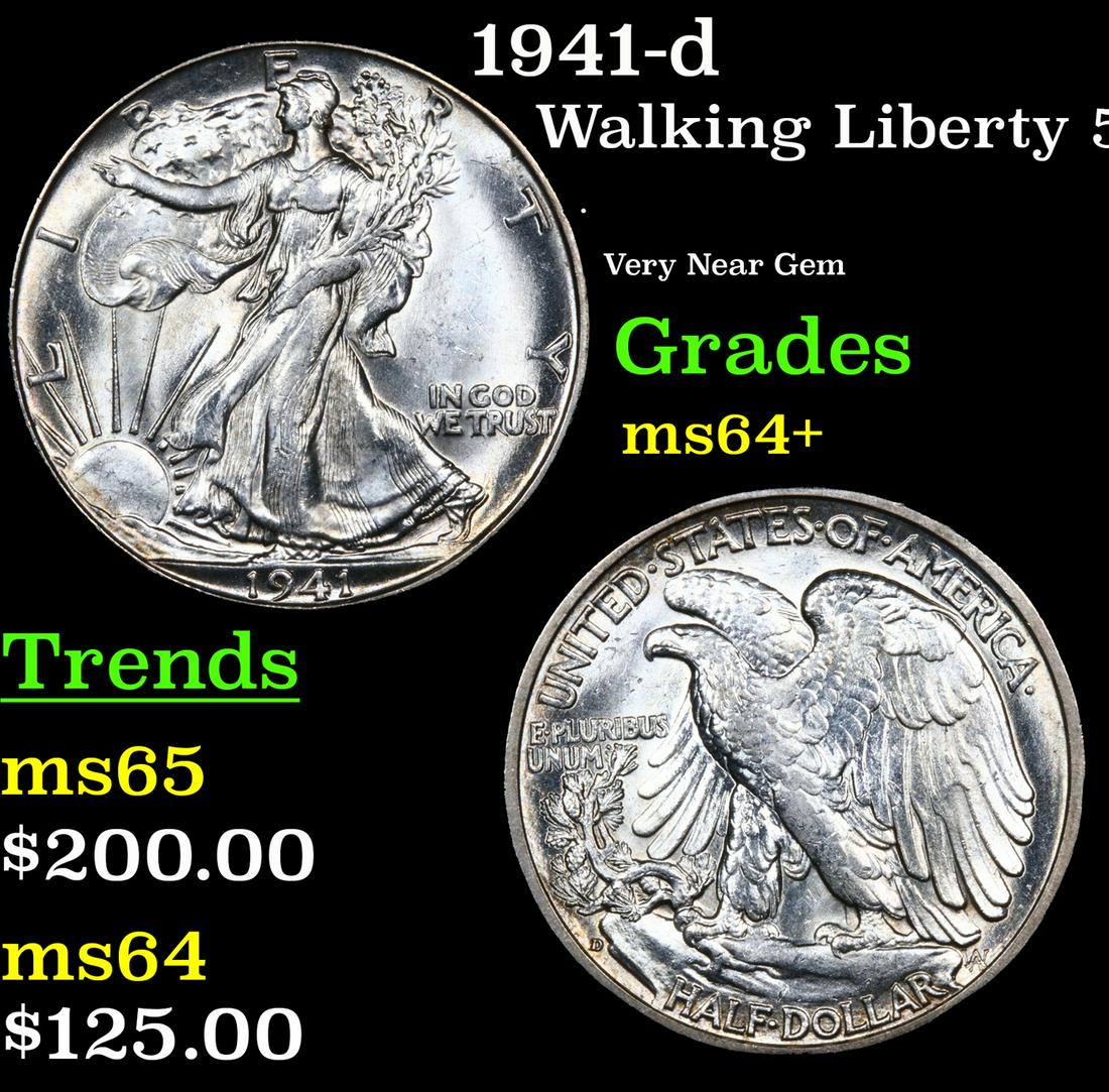 1941-d Walking Liberty Half Dollar 50c Grades Choice+ Unc (1 of 3)