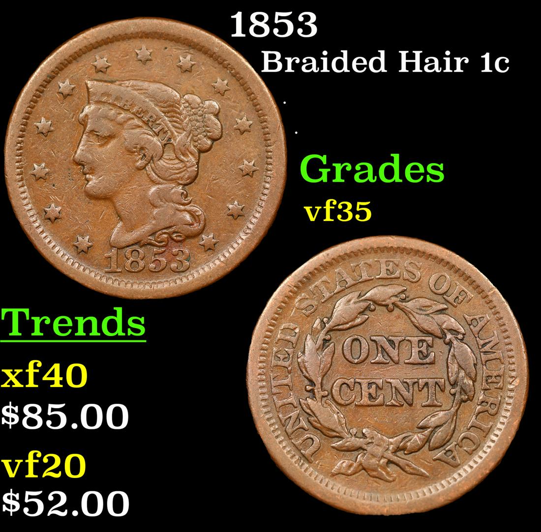 1853 Braided Hair Large Cent 1c Grades vf++ (1 of 3)