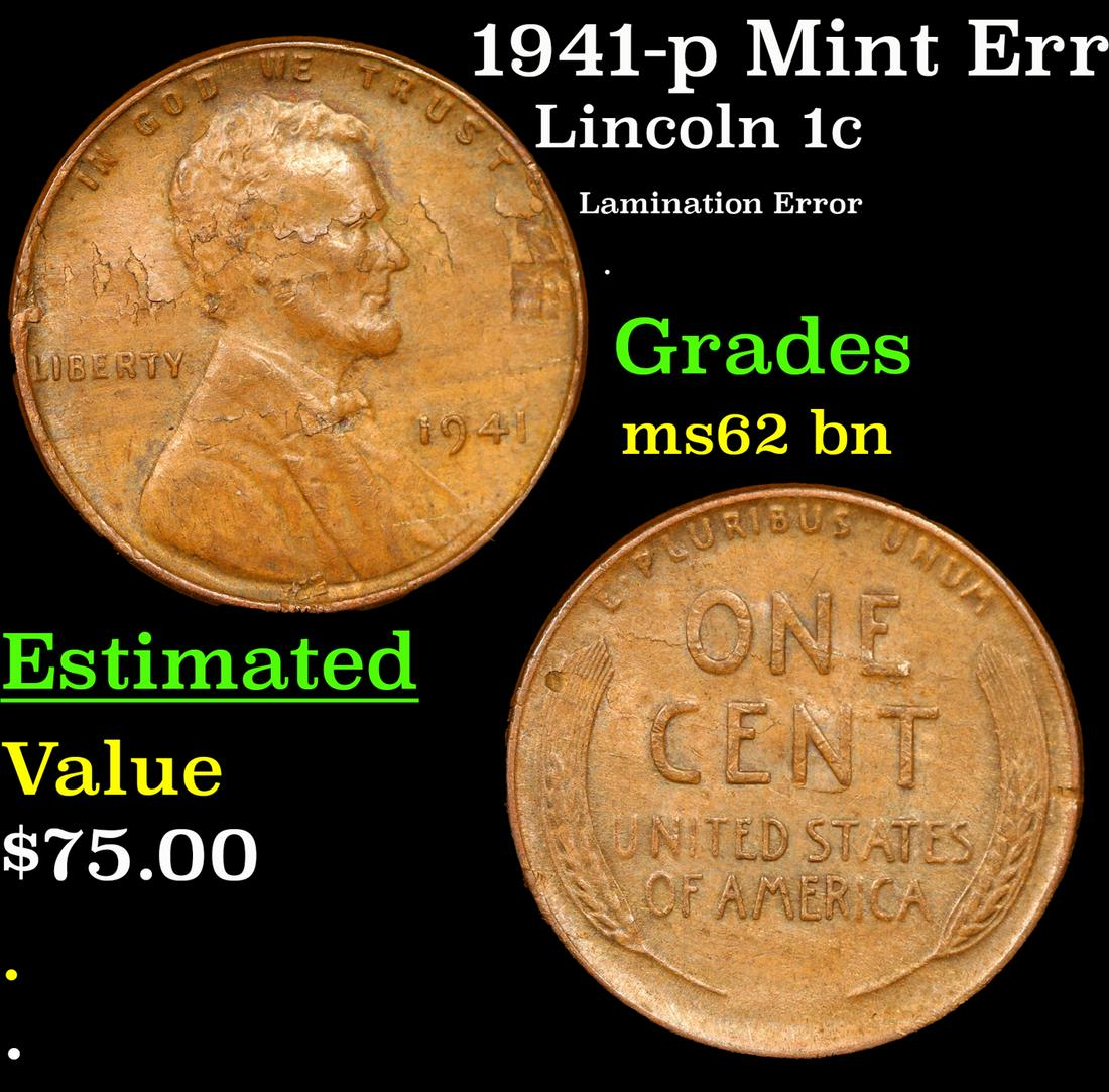 1941-p Lincoln Cent Mint Error 1c Grades Select Unc BN (1 of 3)