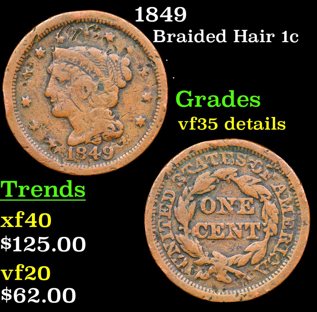 1849 Braided Hair Large Cent 1c Grades VF Details (1 of 3)