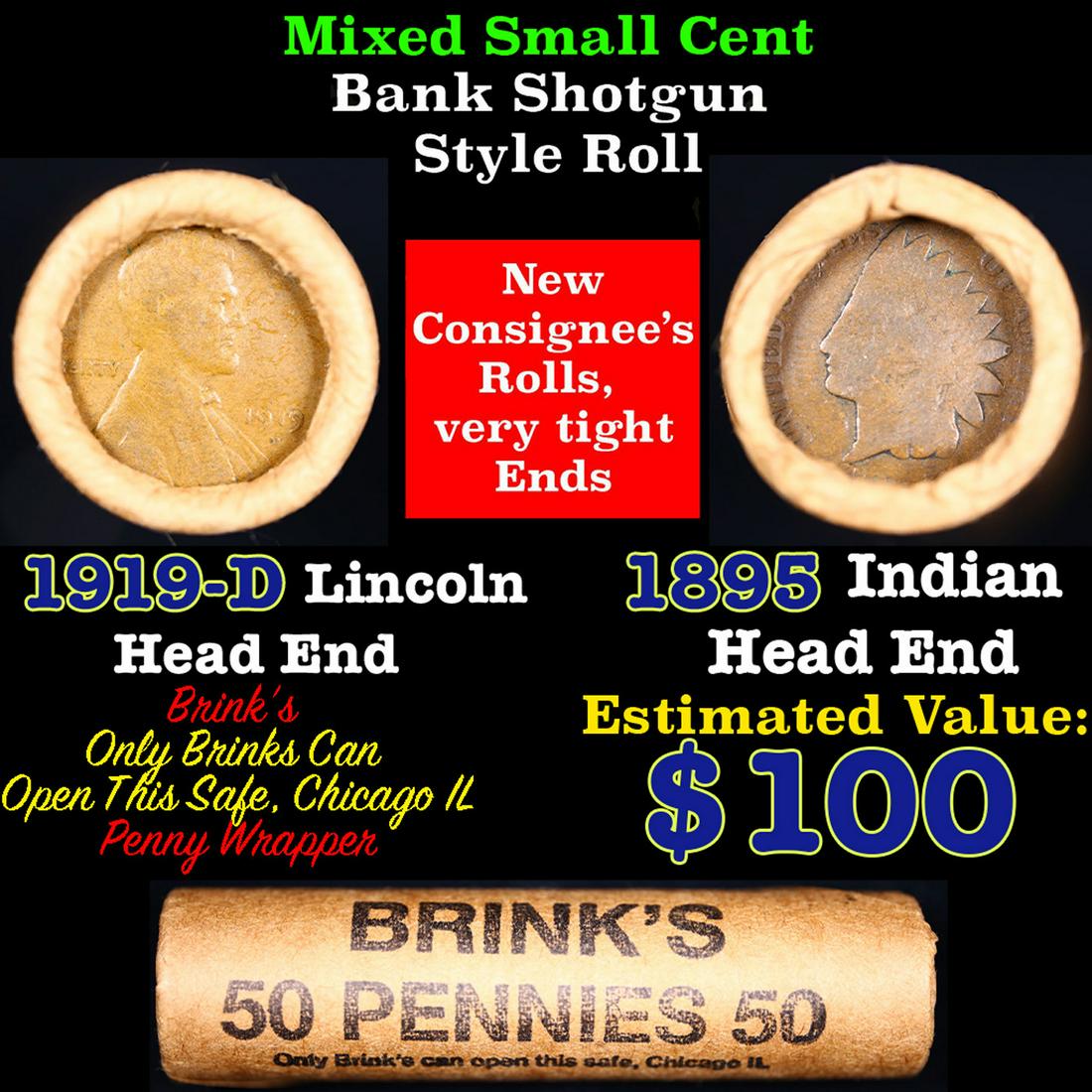 Mixed small cents 1c orig shotgun roll, 1919-d Lincoln cent, 1895 Indian Cent other end, brinks Wrap (1 of 4)