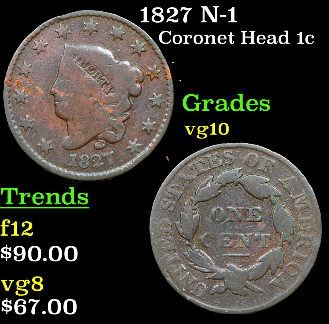 1827 Coronet Head Large Cent N-1 1c Grades vg+ (1 of 3)