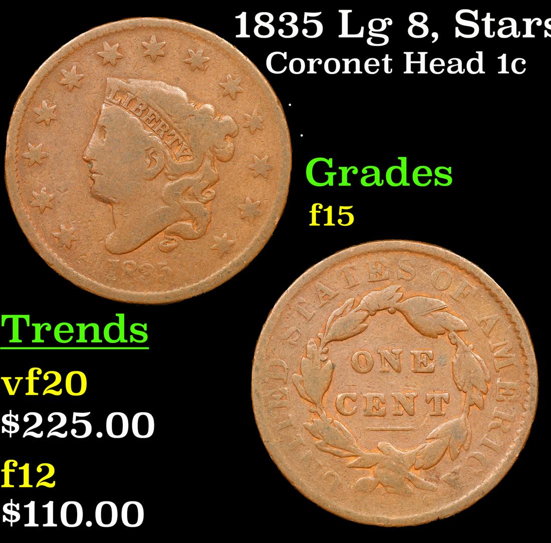 1835 Lg 8, Stars Coronet Head Large Cent 1c Grades f+ (1 of 3)