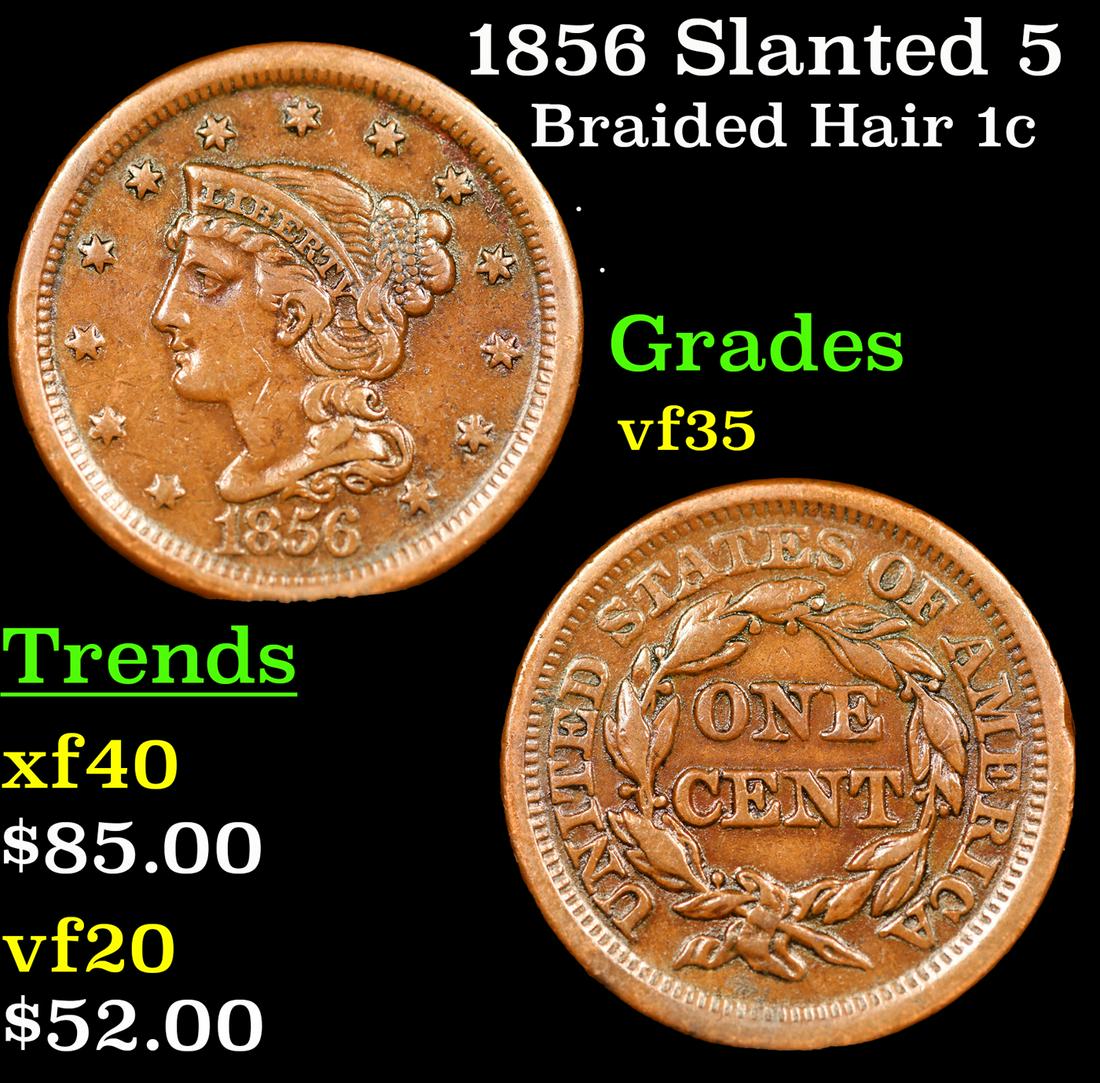 1856 Slanted 5 Braided Hair Large Cent 1c Grades vf++ (1 of 3)
