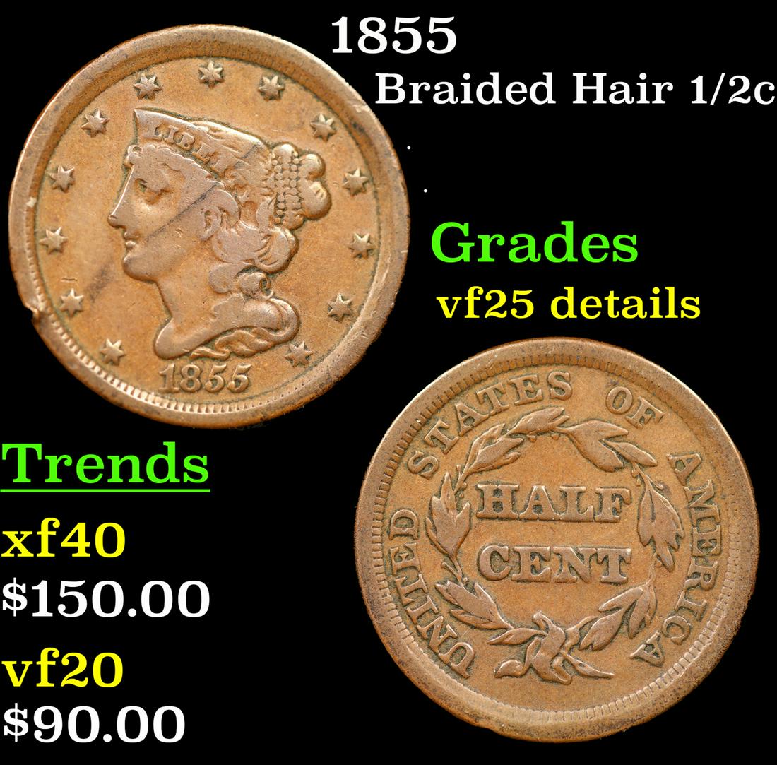 1855 Braided Hair Half Cent 1/2c Grades VF Details (1 of 3)