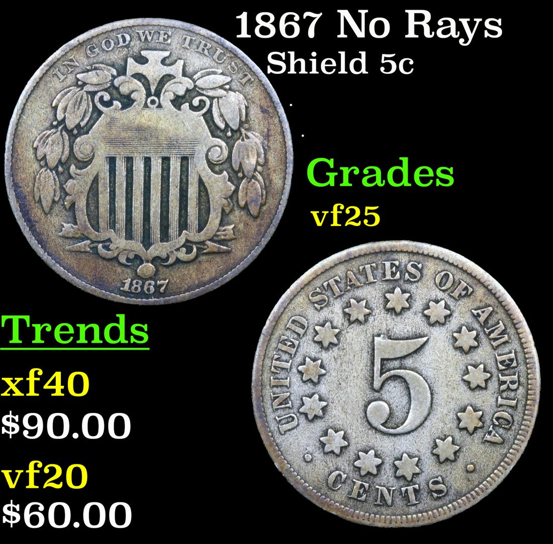 1867 No Rays Shield Nickel 5c Grades vf+ (1 of 3)
