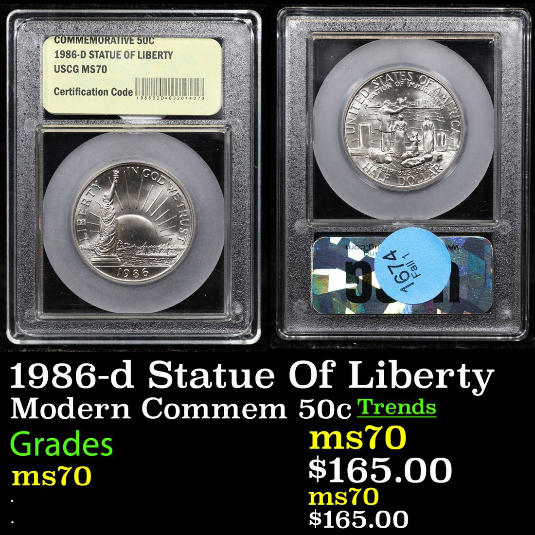 1986-d Statue of Liberty  Modern Commem Half Dollar 50c Graded ms70, Perfection By USCG (1 of 3)