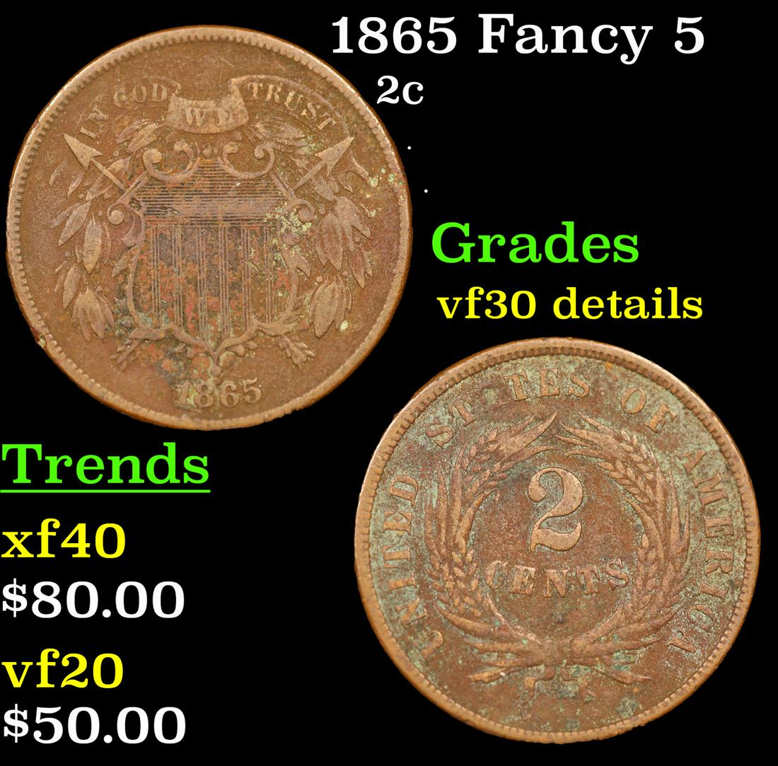 1865 Fancy 5 Two Cent Piece 2c Grades VF Details (1 of 3)