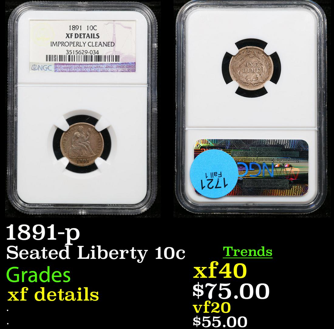 NGC 1891-p Seated Liberty Dime 10c Graded xf details By NGc (1 of 3)
