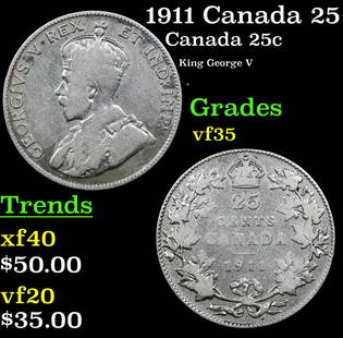 1911 Canada 25 Cents 25c KM-18 Grades vf++: 1911 Canada 25 Cents 25c KM-18 Grades vf++. King George V (George Frederick Ernest Albert; 3 June 1865 – 20 January 1936) was King of the United Kingdom and the British Dominions, and Emperor o