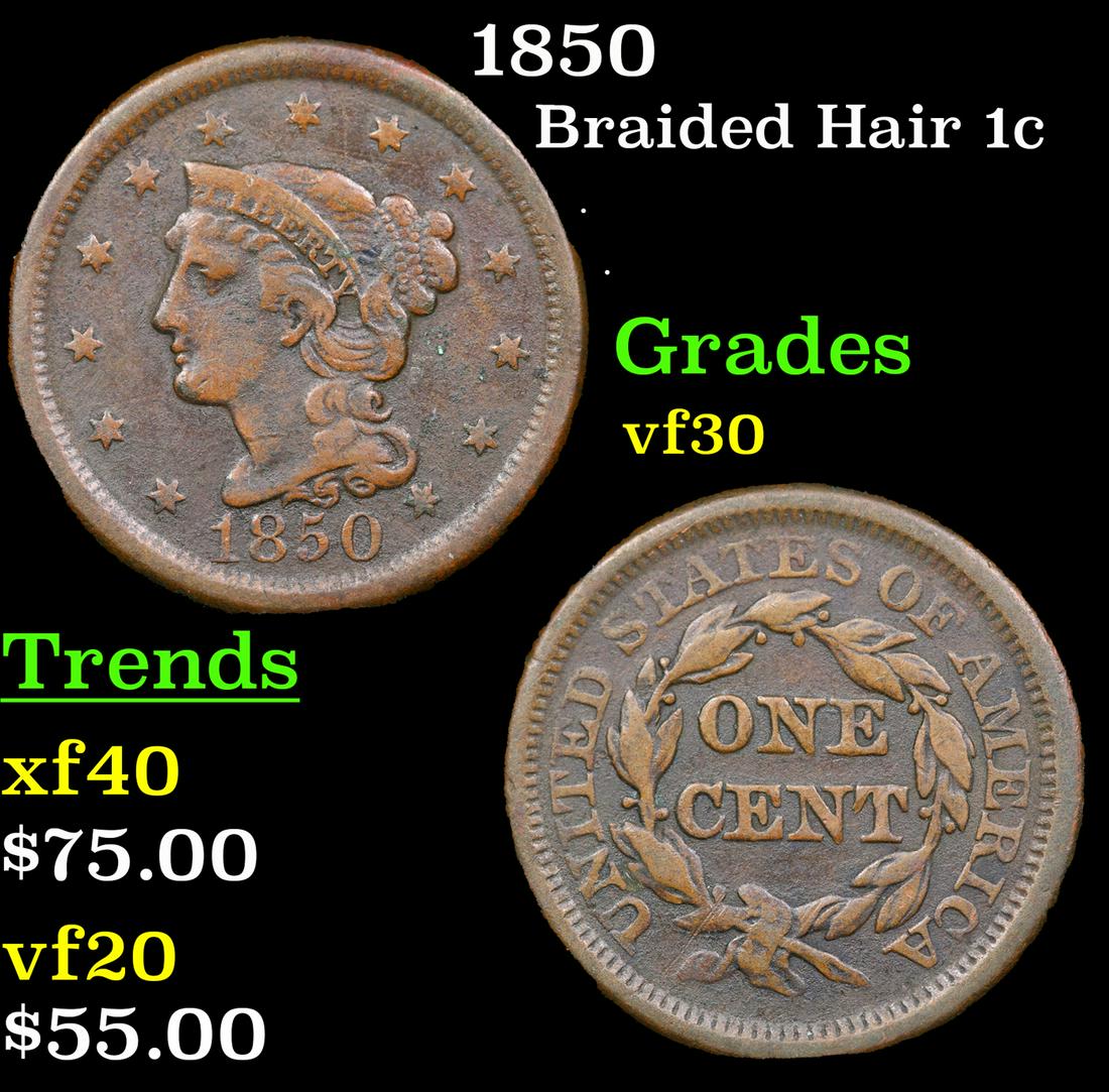1850 Braided Hair Large Cent 1c Grades vf++ (1 of 3)