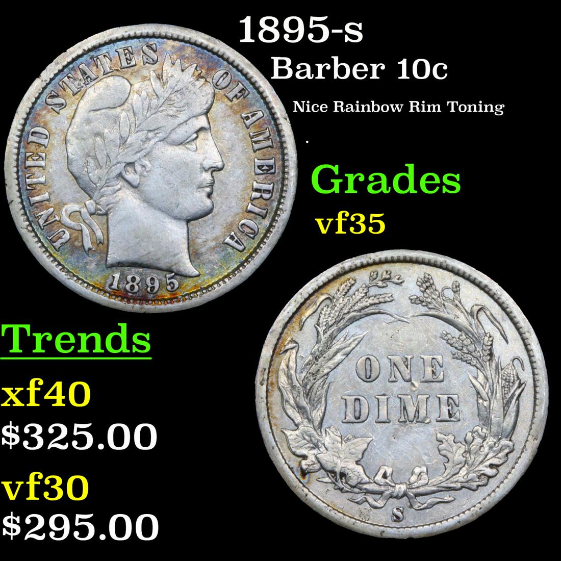 1895-s Barber Dime 10c Grades vf++ (1 of 3)