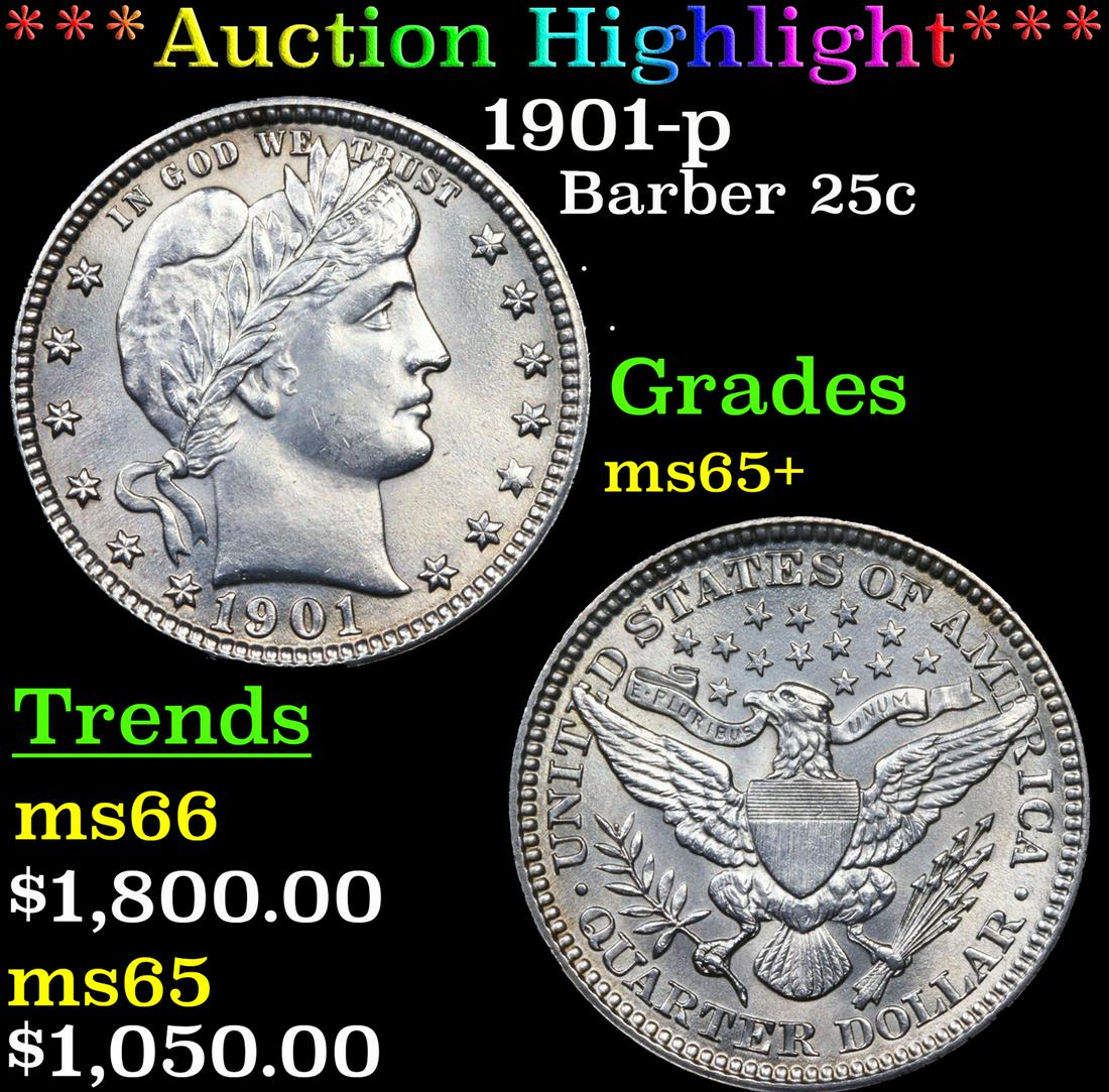 ***Auction Highlight*** 1901-p Barber Quarter 25c Graded ms65+ By SEGS (fc) (1 of 3)