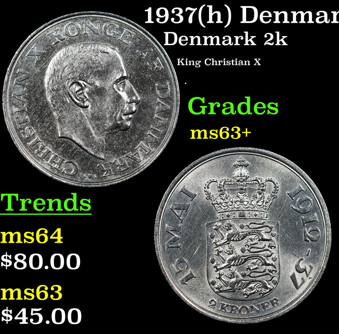 1937(h) Denmark 2 Kroner 2k KM-830 Grades Select+ Unc (1 of 3)