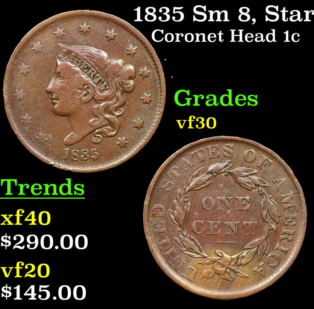 1835 Sm 8, Stars Coronet Head Large Cent 1c Grades vf++ (1 of 3)