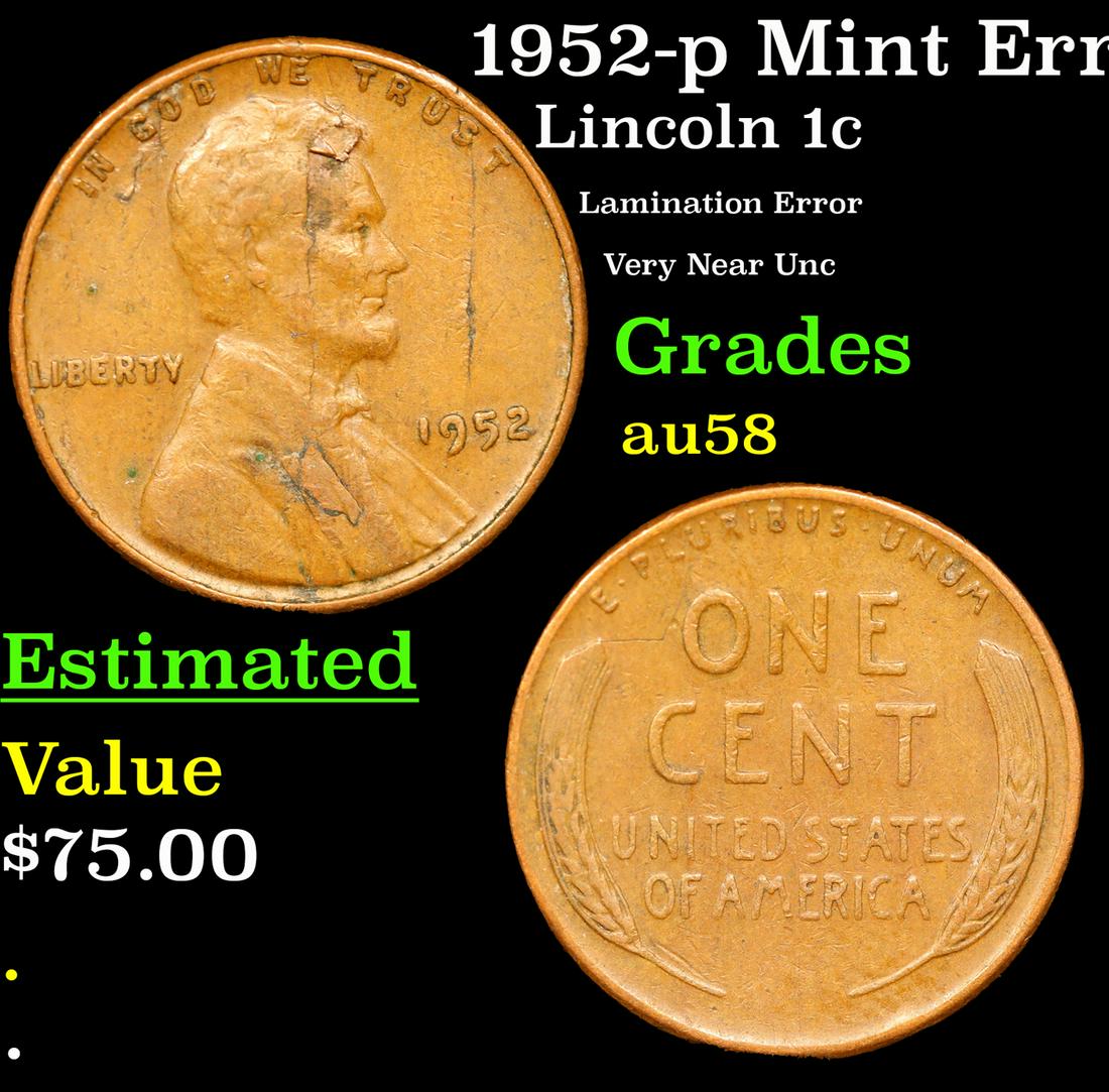 1952-p Lincoln Cent Mint Error 1c Grades Choice AU/BU Slider (1 of 3)