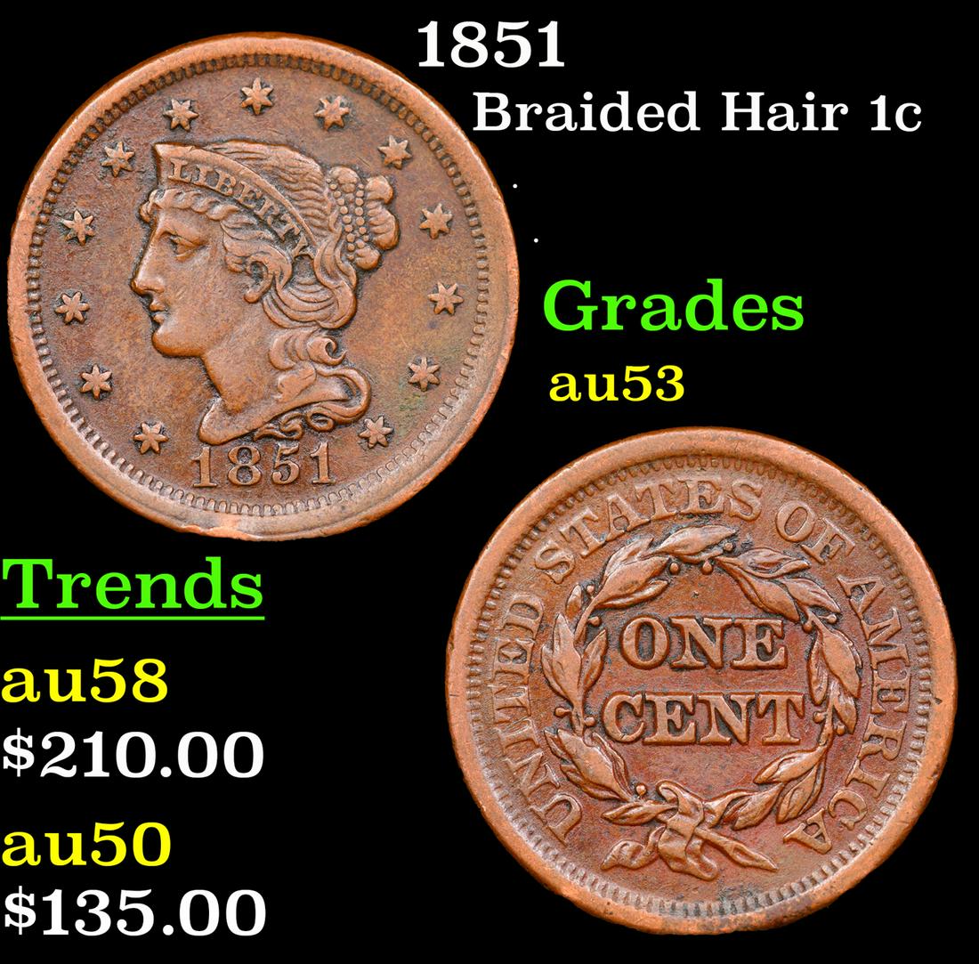 1851 Braided Hair Large Cent 1c Grades Select AU (1 of 3)