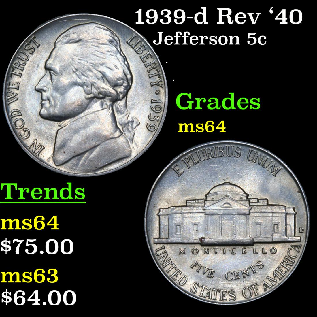 1939-d Rev '40 Jefferson Nickel 5c Grades Choice Unc (1 of 1)