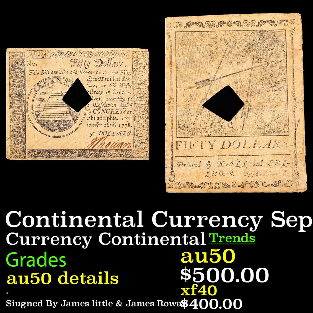 Continental Currency September 26th, 1778 $50 Fr-CC85 Printed BY Hall And Sellers Canceled Grades au (1 of 3)