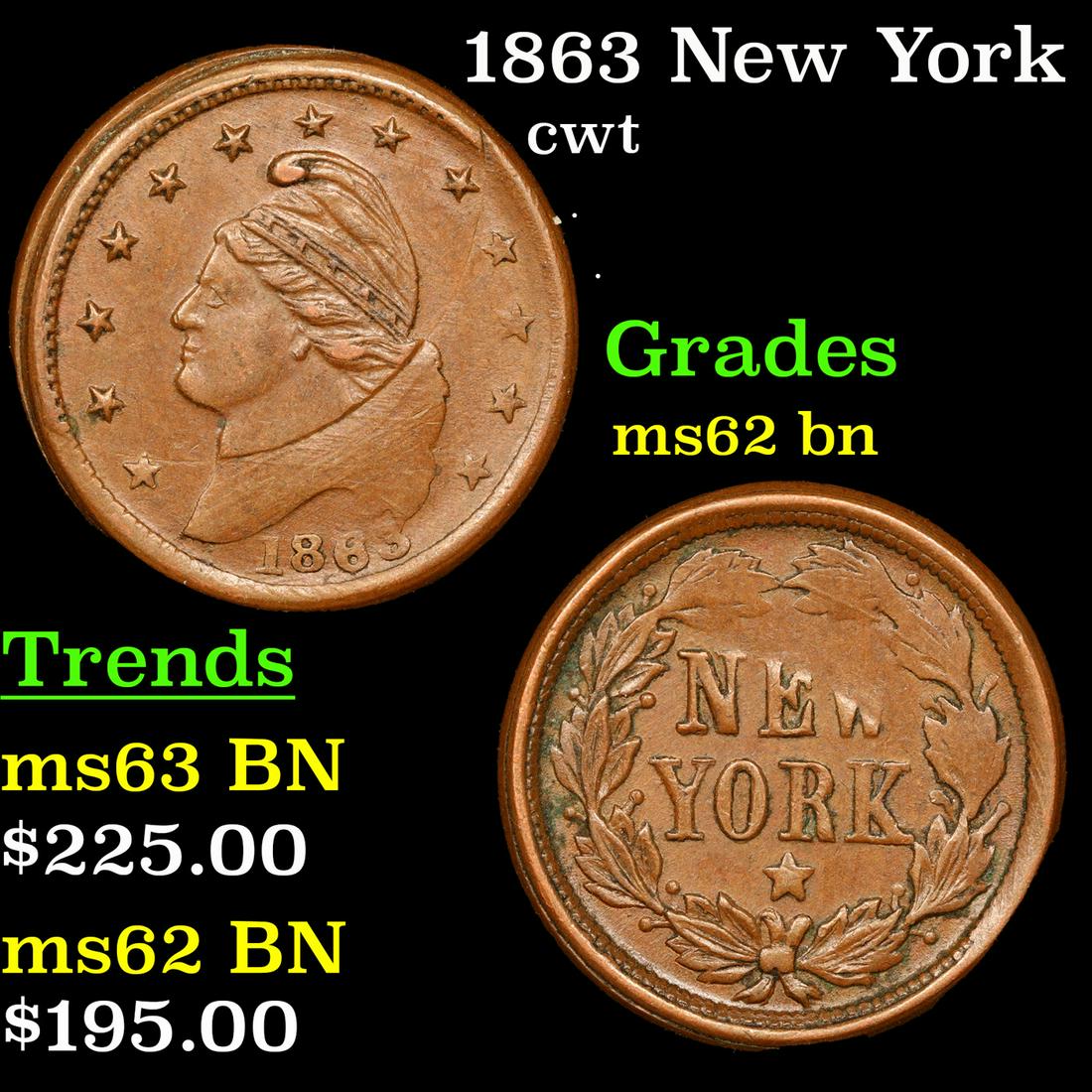 1863 New York Civil War Token Fr-22/442a 1c Grades Select Unc BN (1 of 3)