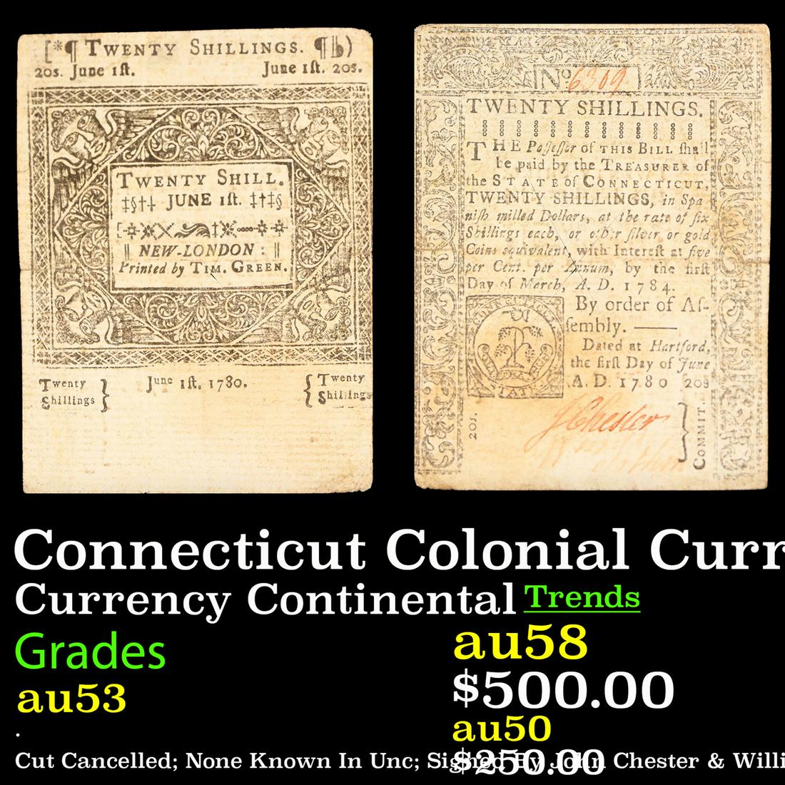Connecticut Colonial Currency June 1st, 1780 20s 20 Shillings Fr-CT226 Grades Select AU (1 of 3)