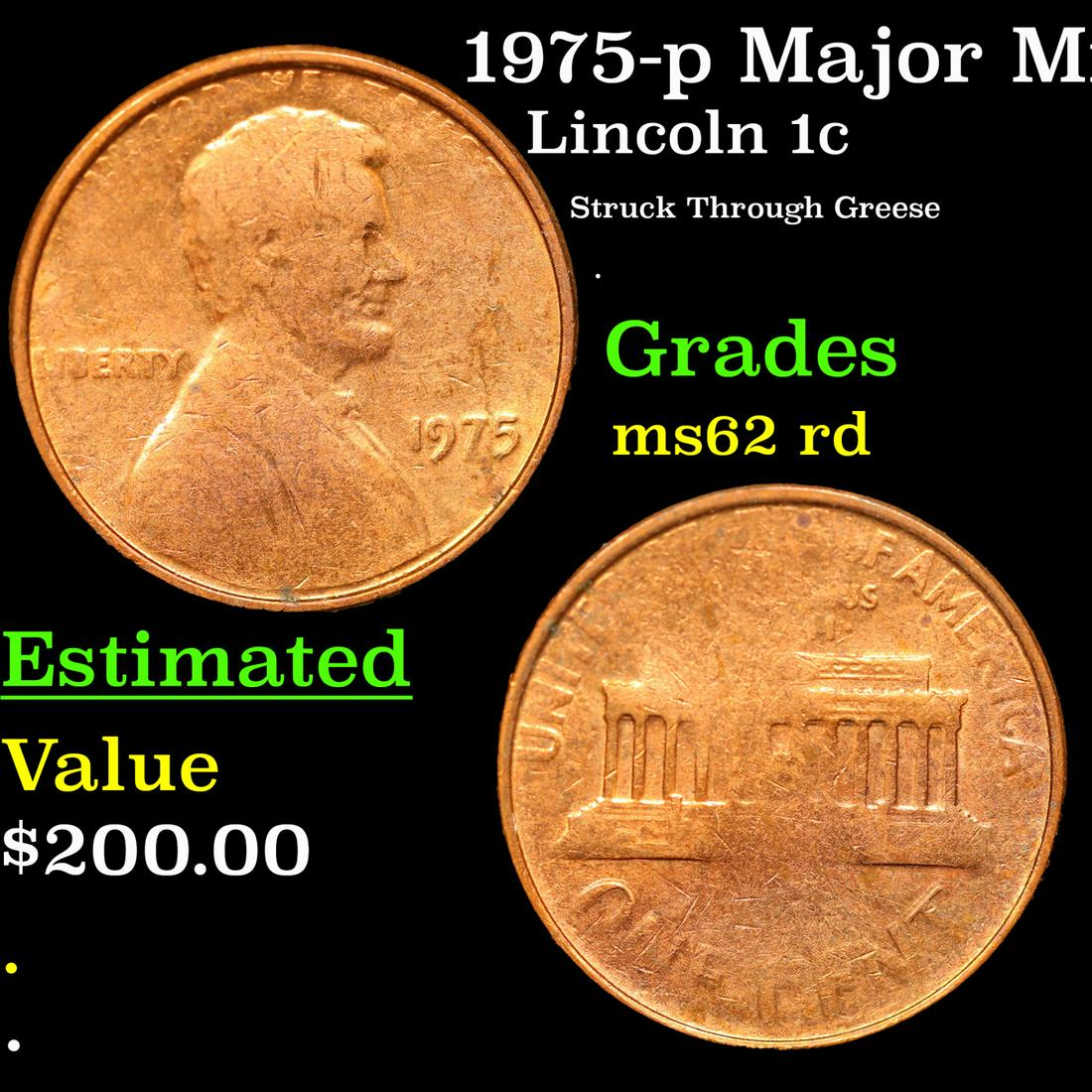 1975-p Lincoln Cent Major Mint Error 1c Grades Select Unc RD (1 of 1)