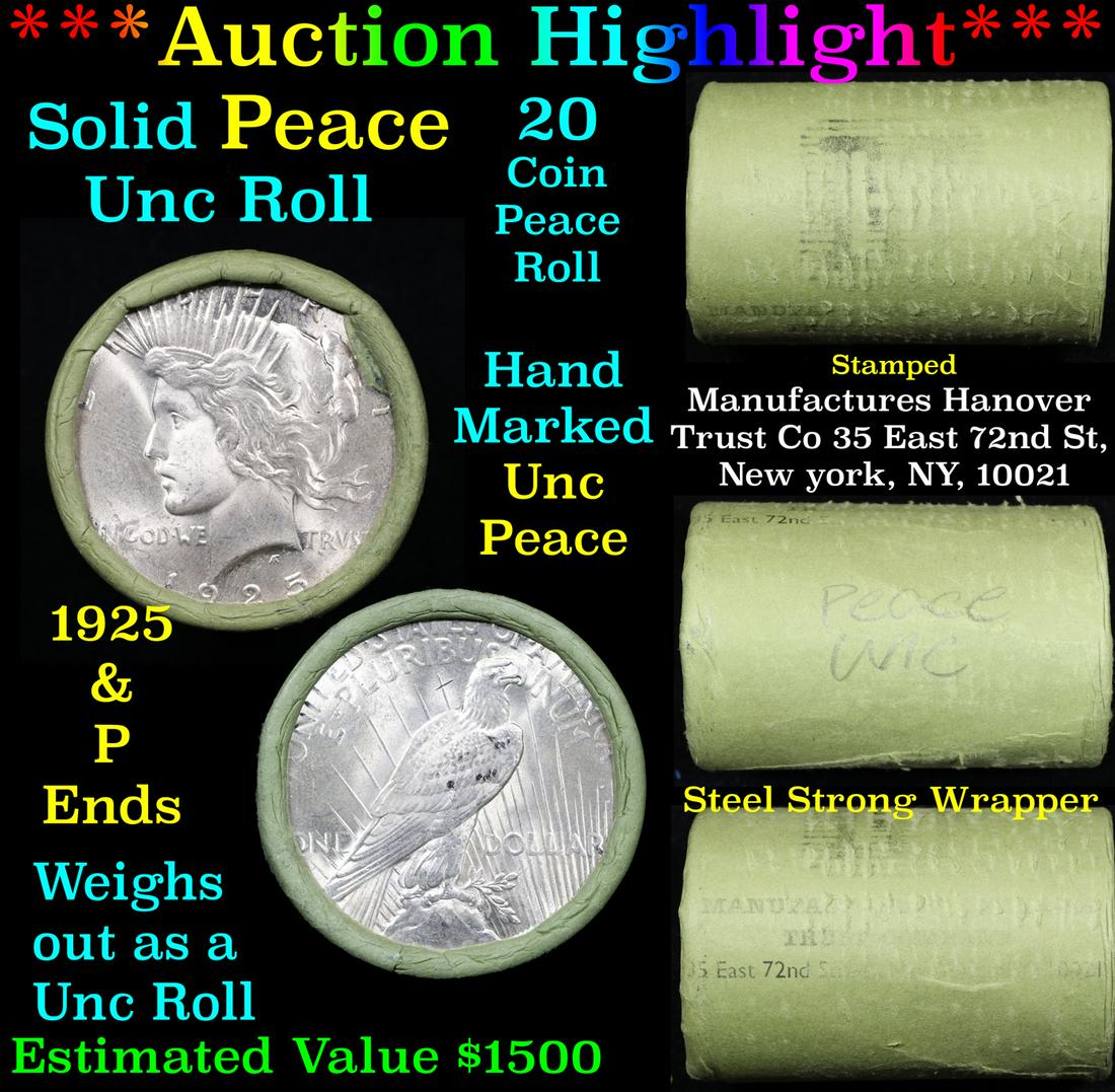 ***Auction Highlight*** Solid Uncirculated Peace silver dollar roll 1925 & P Ends, 20 coins (fc) (1 of 6)