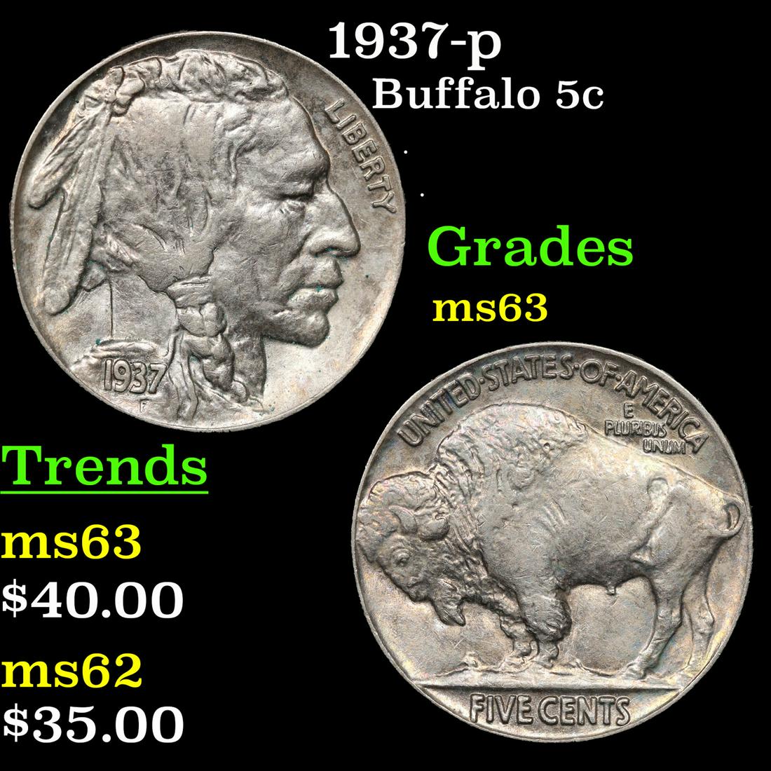 1937-p Buffalo Nickel 5c Grades Select Unc (1 of 3)