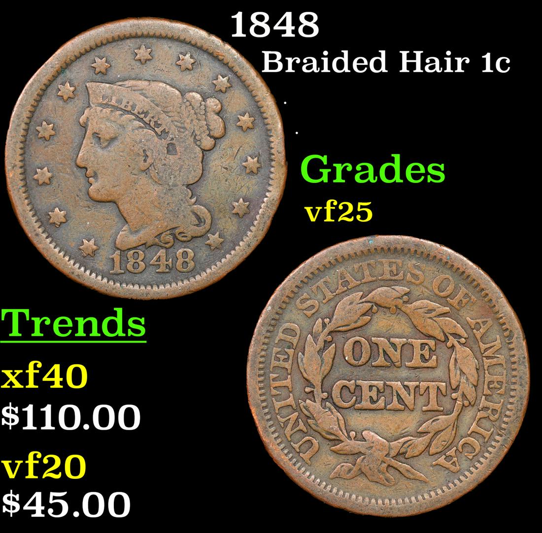 1848 Braided Hair Large Cent 1c Grades vf+ (1 of 3)