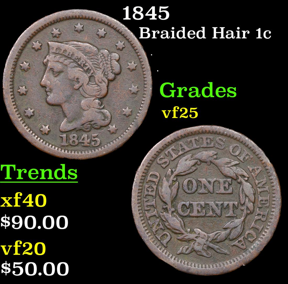 1845 Braided Hair Large Cent 1c Grades vf+ (1 of 3)