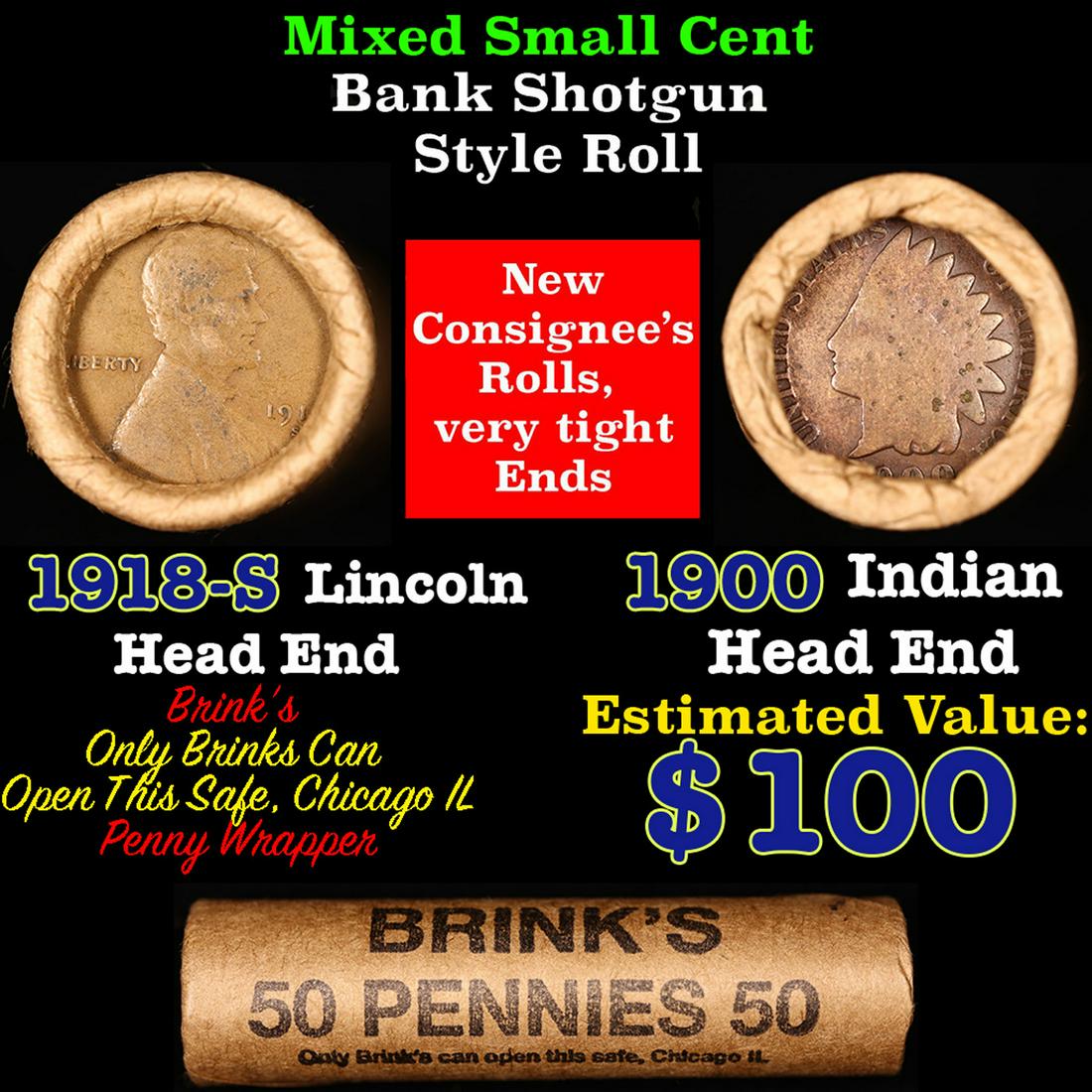 Mixed small cents 1c orig shotgun roll, 1918-s Wheat Cent, 1900 Indian Cent other end, Brinks (1 of 4)