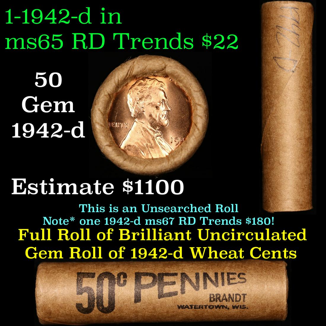 Shotgun Lincoln 1c roll, 1942-d 50 pcs Brandt Wrapper: Shotgun Lincoln 1c roll, 1942-d 50 pcs Brandt Wrapper . 0