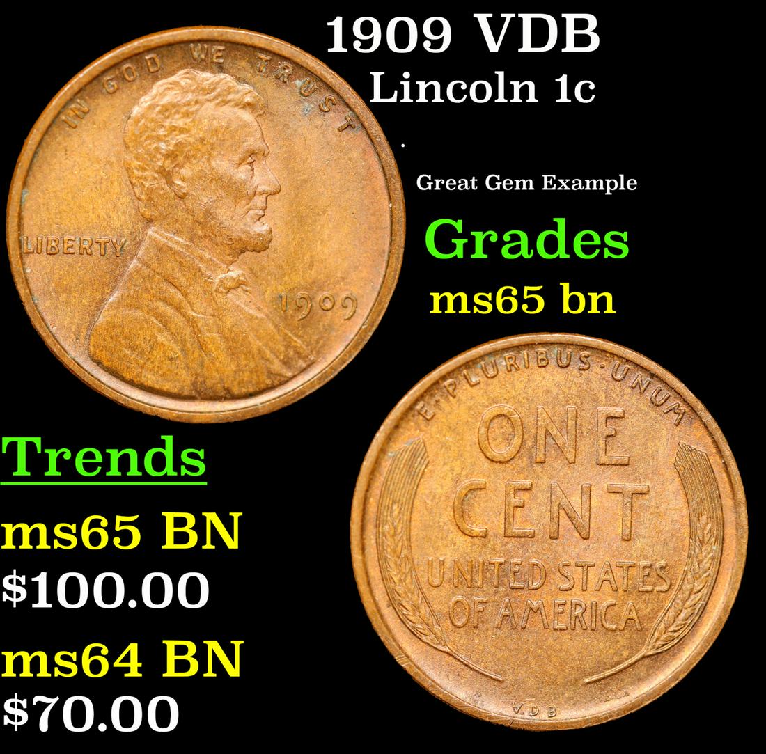 1909 VDB Lincoln Cent 1c Grades GEM Unc BN: 1909 VDB Lincoln Cent 1c Grades GEM Unc BN. Always sought after date. Always popular.