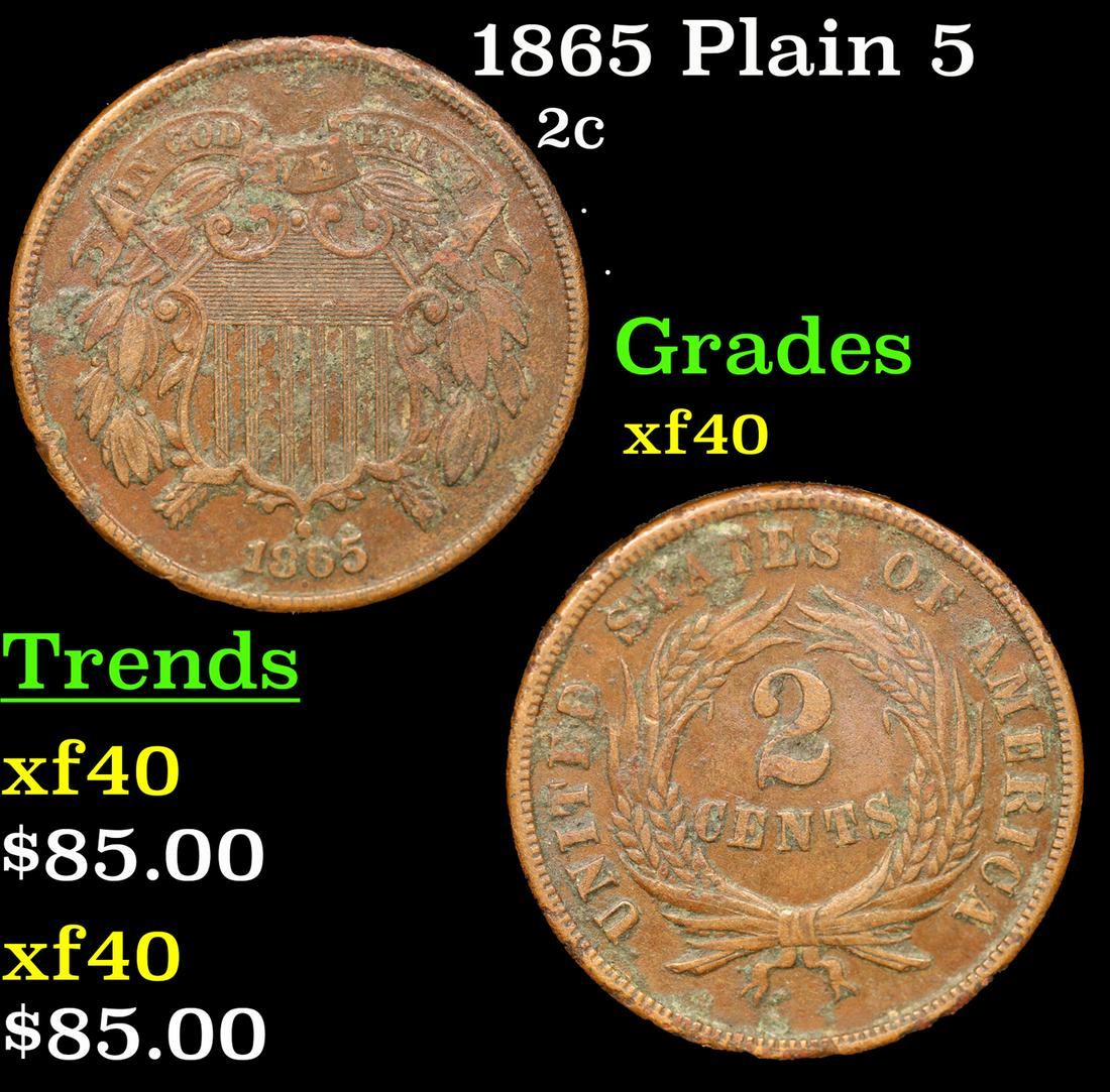 1865 Plain 5 Two Cent Piece 2c Grades xf (1 of 3)