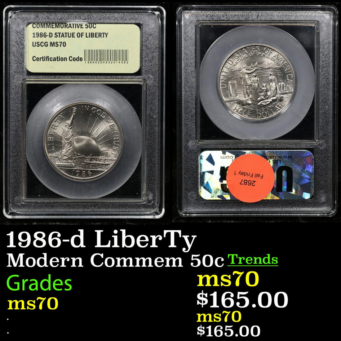 1986-d LiberTy Modern Commem Half Dollar 50c Graded ms70, Perfection By USCG (1 of 3)