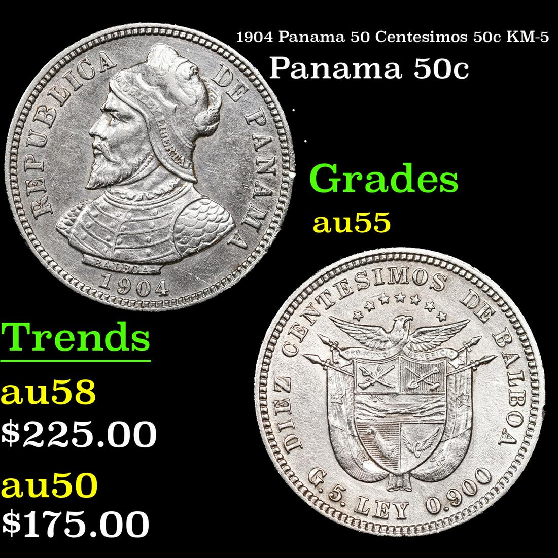 1904 Panama 50 Centesimos 50c KM-5 Grades Choice AU (1 of 3)