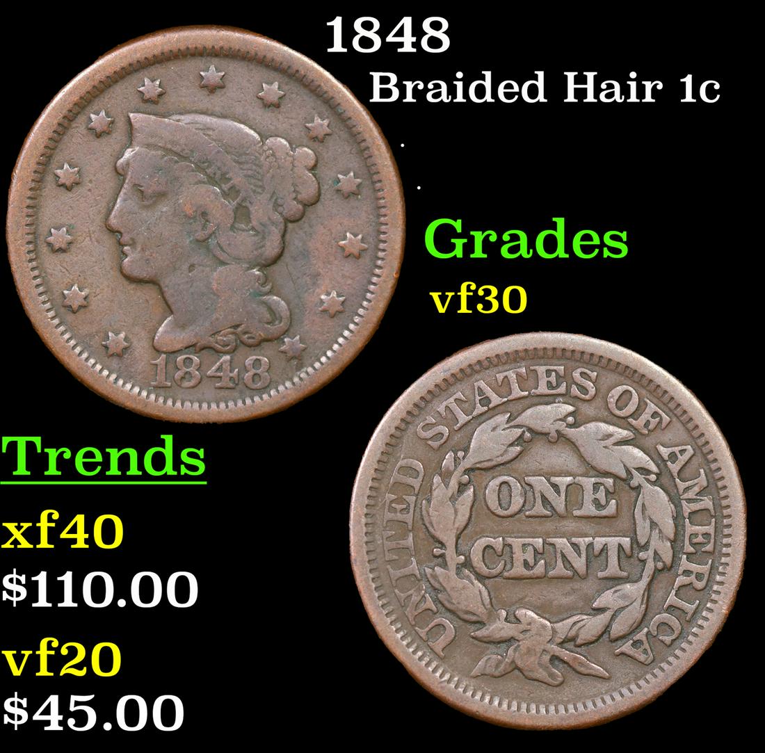 1848 Braided Hair Large Cent 1c Grades vf++ (1 of 3)