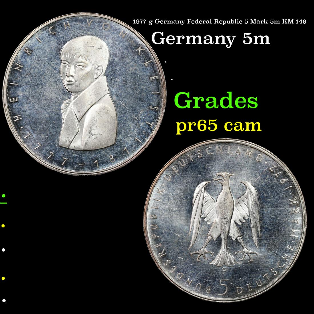 Proof 1977-g Germany Federal Republic 5 Mark 5m KM-146 Grades GEM Proof Cameo (1 of 3)