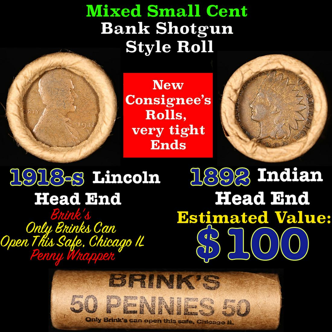 Mixed small cents 1c orig shotgun roll, 1918-s Wheat Cent, 1892 Indian Cent other end, Brinks (1 of 4)